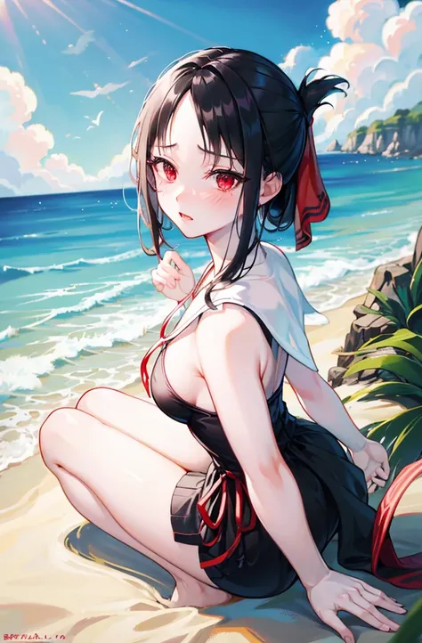 Random pose,Bikini、Black Hair、Small breasts、Random pose、Red ribbon、Pale red eyes、Ocean、Sandy Beach、Blushing、Embarrassed expression、