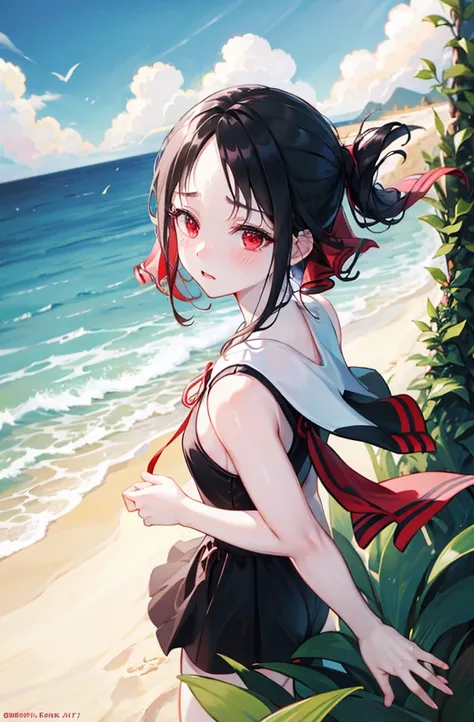 random pose,bikini、black hair、small breasts、random pose、red ribbon、pale red eyes、ocean、sandy beach、blushing、embarrassed expressi...