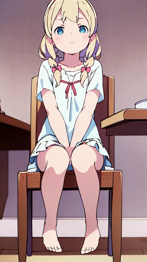 ((masterpiece))((Highest quality))Sitting in a chair、Blonde twin tails、(So that your whole body can be seen)、Directly in front、No background、(Put your feet on the ground)