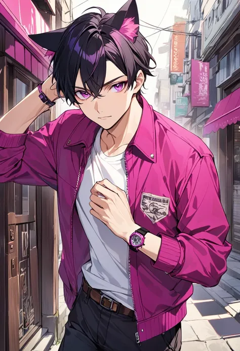 1man, short black hair, only cat ears, bright magenta eyes, wearing a magenta casual jacket, wearing a white undershirt, wearing black pants , wearing o vintage magenta watch, showing watch.