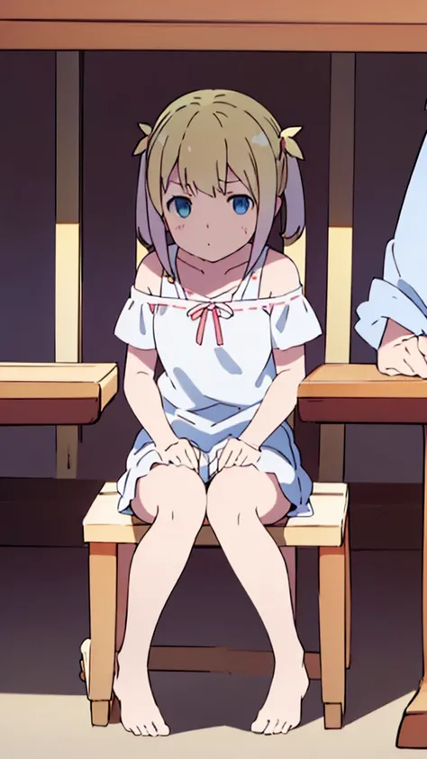 ((masterpiece))((Highest quality))Sitting in a chair、Blonde twin tails、(So that your whole body can be seen)、Directly in front、No background、(Put your feet on the ground)