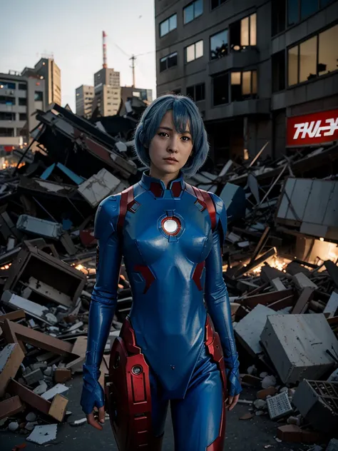 Rei Ayanami, blue fur, red pupils, Iron man costume, city background throws rubble after a fight,