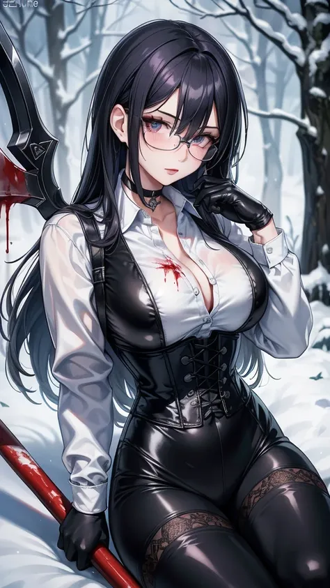 ((blood droplets)), ((blood)), ((blood splatter)), ((blood on clothes)), ((blood stain)), Masterpiece, Beautiful art, professional artist, 8k, art style by sciamano240, Very detailed face, Detailed clothing, detailed fabric, 1 girl, View from above, lying ...