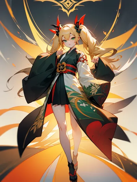 Full-body portrait、Are standing、True Face、woman、Foreigners、Blonde、Twin tails、Green Eyes、Onmyoji、Onmyojiの服