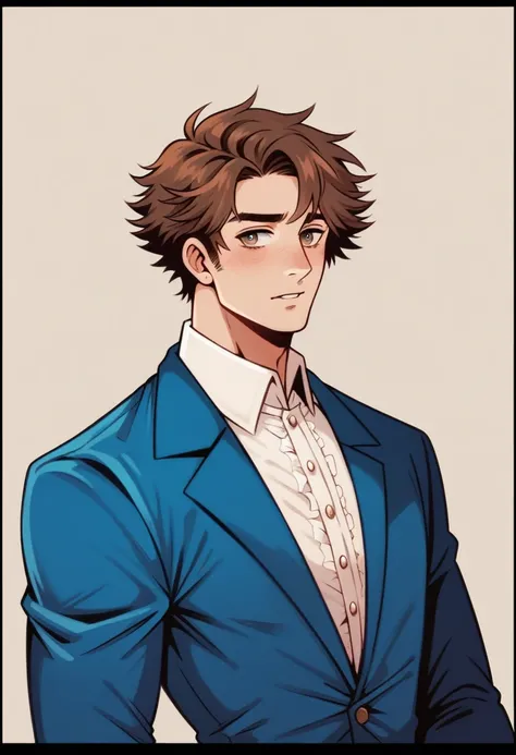 a close up of a person in a suit blue suit with golden details (pale skin dark brown hair), delicate androgynous prince, beautiful androgynous prince, caleb from critical role, highly detailed exquisite, handsome guy in demon slayer art, highly detailed ch...