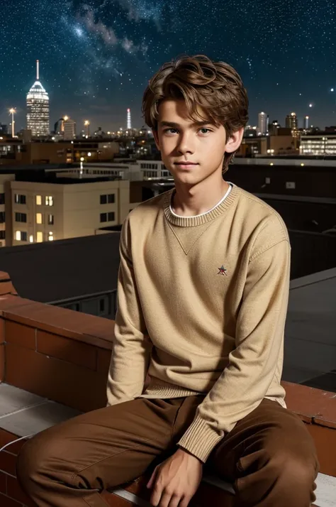 Screenshot of my hero academy, boy with light brown hair, wavy and with some red strands, He has brown, slanted eyes., Wear a beige shirt with an open brown sweater and white pants., sitting on a rooftop at night and the starry sky