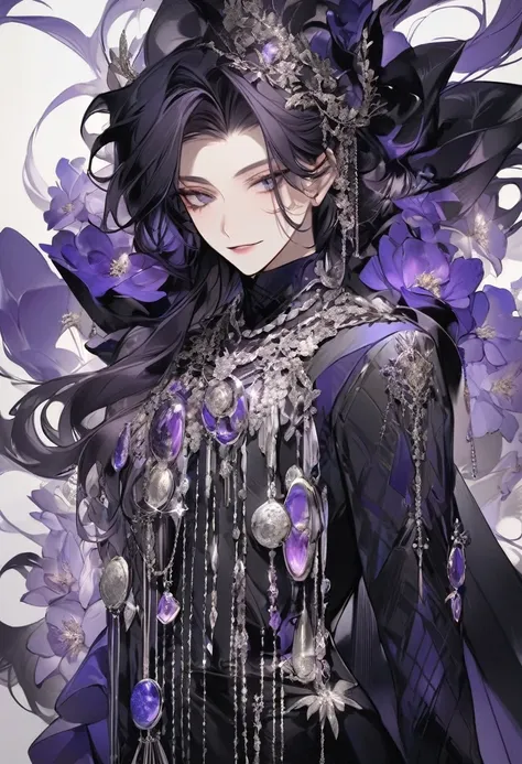 feminine boy, soft womanish facial features, smile, squinted siren dark blue eyes without glare, silver and dark purple long loo...