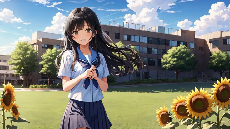 A large schoolyard in midsummer、The background is a summer blue sky, cumulonimbus clouds, school buildings and sunflowers.、A shot of a high school girl、She is wearing a summer private high  with a checkered skirt all over.、Her long black hair is blowing in...