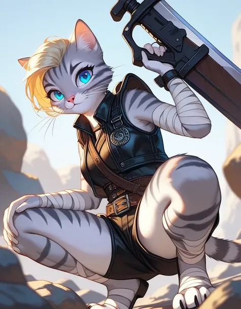 Solo, score_9,score_8_up,score_7_up, source_furry, kat, Anthro furry feline, female, tall slender body, long blonde hair, long undercut hair, pink nose, :3, blue eyes, white whiskers, silver fur, grey stripes, furry body, wearing black cloth vest, black le...