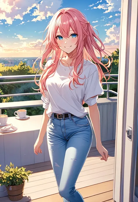 Luka Megurine smiling casual clothes jeans color morning