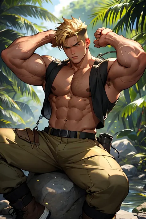 (masterpiece, Best quality 12 year old boy), 1 boy, adult, huge muscles, big body, Slightly modify the abdominal contour, Short blonde hair，brown eyes, complicated, Rainforest, Muscles sparkle in the sun，shirtless，Wearing khaki adventure pants，outdoor adve...