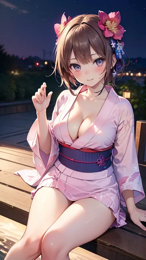 (masterpiece:2.0), (Highest quality:2.0), Small breasts:1.2、Very short hair、boyish:1.3、spoken heart、From above、Looking up、Glare、Angry、(Sitting naked:1.5), (Extremely mini skirt Extremely small pink yukata:1.5), (Ultra-thin raw land:1.5), (Sexy pose:1.5), (...