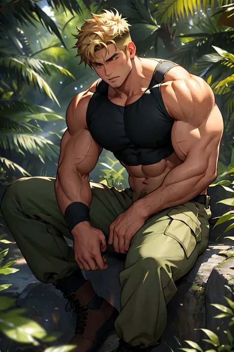 (masterpiece, Best quality 12 year old boy), 1 boy, adult, huge muscles, big body, Slightly modify the abdominal contour, Short blonde hair，brown eyes, complicated, Rainforest, Muscles sparkle in the sun，shirtless，Wearing khaki adventure pants，outdoor adve...