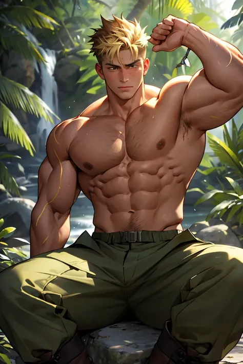 (masterpiece, Best quality 12 year old boy), 1 boy, adult, huge muscles, big body, Slightly modify the abdominal contour, Short blonde hair，brown eyes, complicated, Rainforest, Muscles sparkle in the sun，shirtless，Wearing khaki adventure pants，outdoor adve...