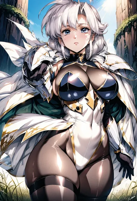 ((highest quality)), ((masterpiece)), ((hyperrealistic)), (detailed background), anime style, solo, shoot from below, 1girl, ((curvy: 1.2)), kawaii, paladin, ((Lamé black racing leotard)), ((see-through catsuit leotard)), (paladin armor), (breastplate armo...