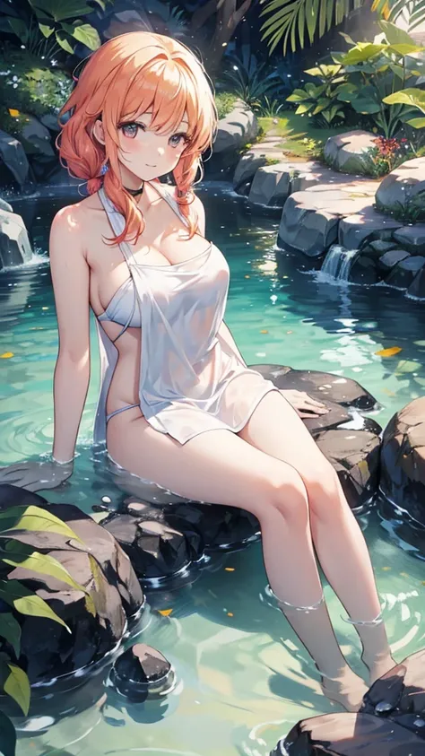 Woman relaxing in hot spring,２０generation,Yang Liang、Colored leaves、Satisfied face,Cover your hair with a towel,Beautiful light of inspiration,Elegant water flow,Soothing atmosphere,Quiet and peaceful background，Large Breasts