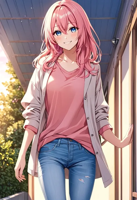 Luka Megurine smiling casual clothes jeans color morning