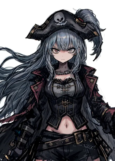 1girl,grayish blue hair, Long and curly hairstyle, pirate, sea privateer, bandit clothes, sable, nice clothes, (high resolution, high detail, best quality), black background, angry