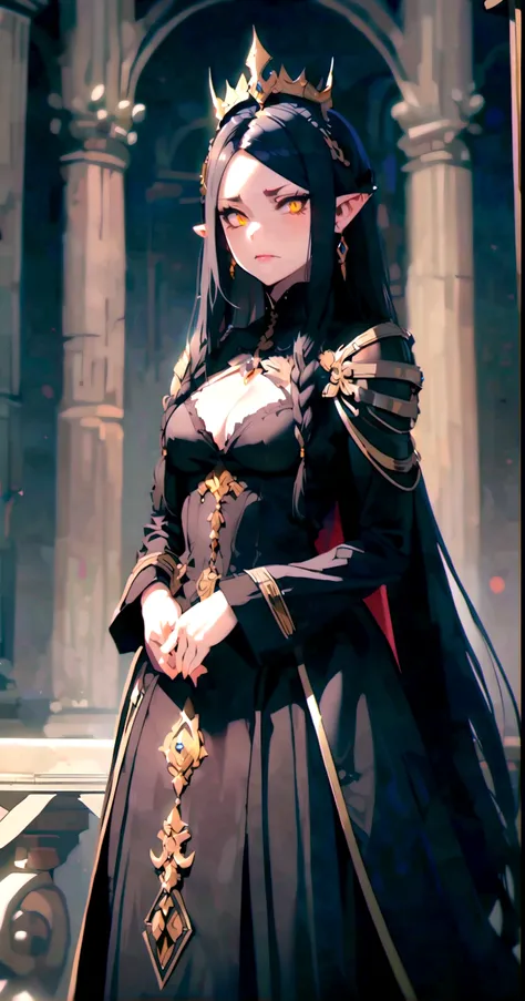 muscular girl large breasts thick thighs wide hips curvy toned body black hair yellow eyes pale skin sad gothic queen pointy ears 