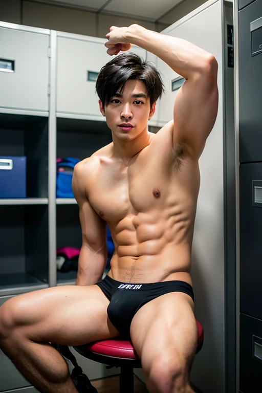 Japanese men、He looks bold but young、Muscular、Fine and beautiful skin、Showing off some flashy and revealing boxer briefs、Is making a fist pump、Iris、Short black hair、Dimly lit locker room while changing clothes、The whole body is visible、Sitting on a chair w...