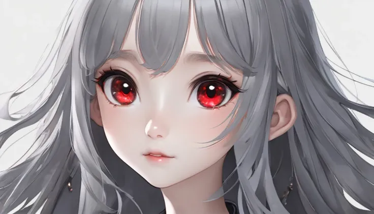 Teen Girl Characters。gray hair color、Glowing red eyes、Long Hair、There is a mole under the left eye。On a transparent background、Depict people only。