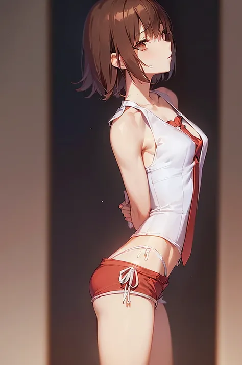 masterpiece, best quality,anime style, 1 girl,(((slender body))), (((small breast))),(((hot pants, white tanktop,red tie))), ((((restrained, arms behind back)))),((((cum)))), (beautiful face), (((short hair))), (((straight hair))), ((((brown hair)))),detai...