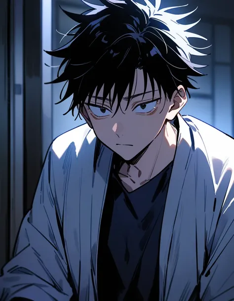 (1boy,jujutsu kaisen) solo, ((white)), black hair, (layered cut)), black eyes, hospital clothes, tired eyes, eye bags, 15 years old, masterpiece, best quality, high quality, upper body, male focus,