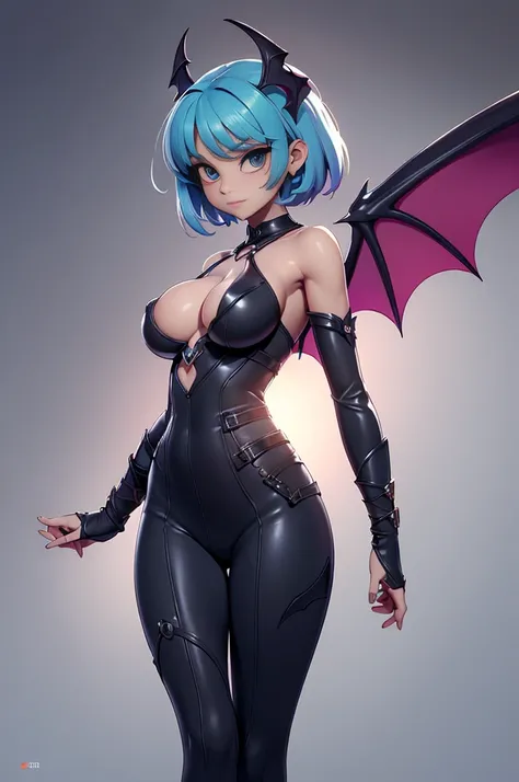 Mini Morrigan Aensland, (Morrigan Aensland), standing alone, ray tracing, 3D style, 3dmm, ((oses per photo)), ((oses au cada foto)), fully body,(from front view),(Costas Issue), (Emist on the left), show flat belly, (((oses per photo))),(very big breastspe...