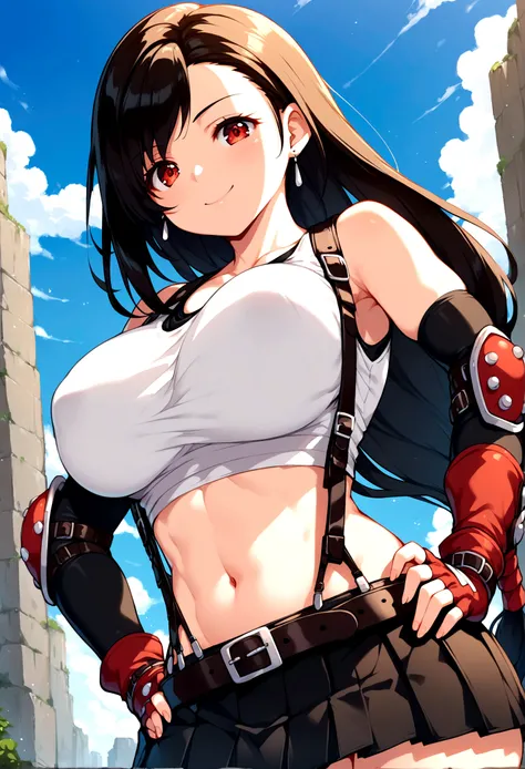 score_9, score_8_up, score_7_up,score_6, score_5,BREAK , ,from front,front view,low angle,pov,straight-on,,standing,contrapost, ,,straight-on,Solo ,1girl, tifa lockhart, final fantasy, tareme,black hair, low-tied long hair, red eyes, bangs, (white tank top...