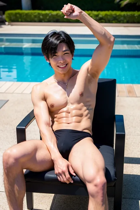 Japanese men、He looks bold but young、Muscular、Fine and beautiful skin、Showing off flashy and risqué swimwear、Is making a fist pump、Iris、Short black hair、By the pool、The whole body is visible、Sitting on a chair with legs wide open、An inviting smile