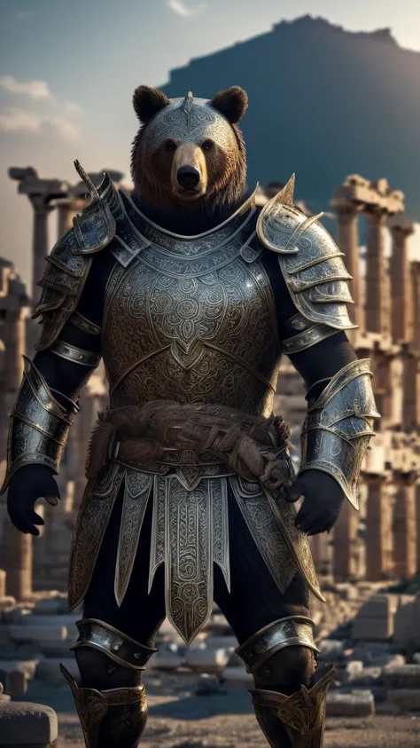 saint_cloth, masterpiece by Divine_armor, best quality, (highly detailed raw photo: 1.2), 8k octane render, volumetric lighting, volumetric shadows a portrait of a bear, (armor reflections:1.2 ), smiling, wings ((realistic and highly detailed background of...