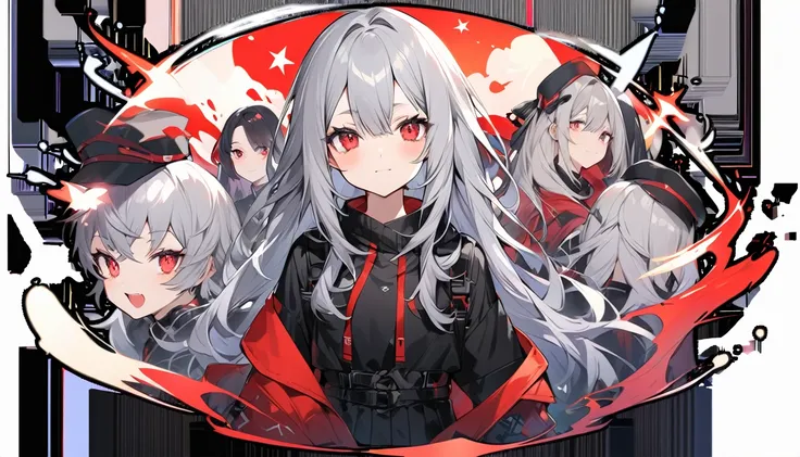 Teen Girl Characters。gray hair color、Glowing red eyes、Long Hair、There is a mole under the left eye。On a transparent background、Depict people only。