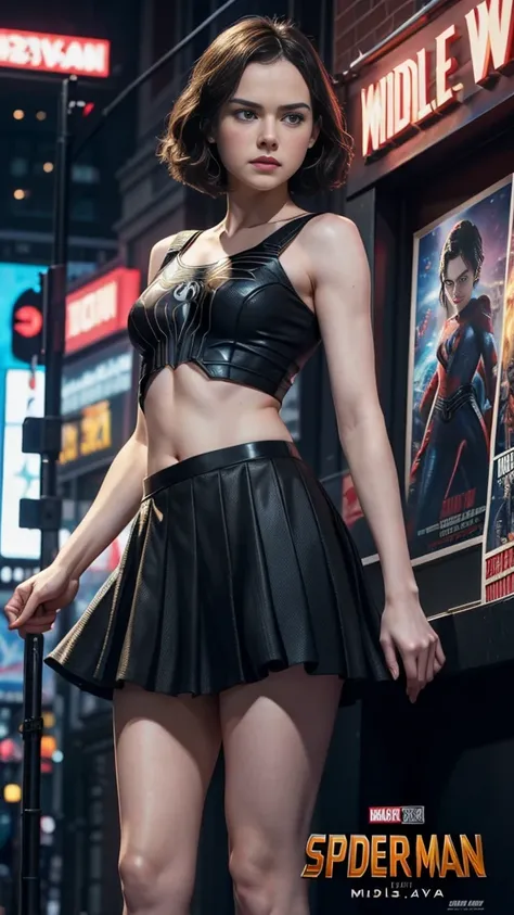 Daisy Ridley、マーベルコミックの映画Poster、so beautiful、Movies about Spider-Man、sexy、whole body、Wearing a skirt、Premiere Date、Poster、belly buttonを突き出す、new york、She&#39;s wearing a ripped Spiderman suit、The suit is torn、Wearing a skirt、Red and black color scheme、dynami...