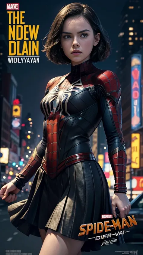 Daisy Ridley、マーベルコミックの映画Poster、so beautiful、Movies about Spider-Man、sexy、whole body、Wearing a skirt、Premiere Date、Poster、belly buttonを突き出す、new york、She&#39;s wearing a ripped Spiderman suit、The suit is torn、Wearing a skirt、Red and black color scheme、dynami...