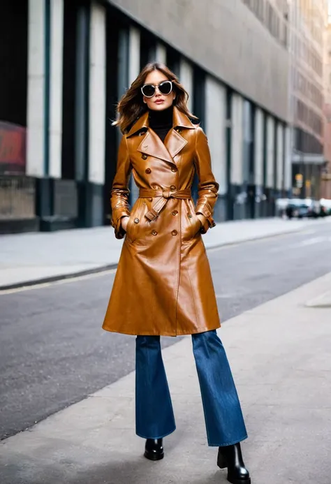 Mix a vintage-style leather trench coat with flared jeans and a turtleneck. Accessorize with retro sunglasses and platform boots for a throwback to the 70s with a modern twist.