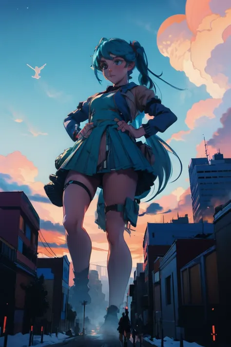 Hatsune Miku、masterpiece、Highest quality、Giantessのイラスト、Giant Humans、Giant Girl、smile、Open mouth and show teeth、beautiful身体、simple、beautiful、Anime illustration、Dirty soles、Trampling、Buildings being destroyed beneath our feet、I can see my feet、Draw a woman i...