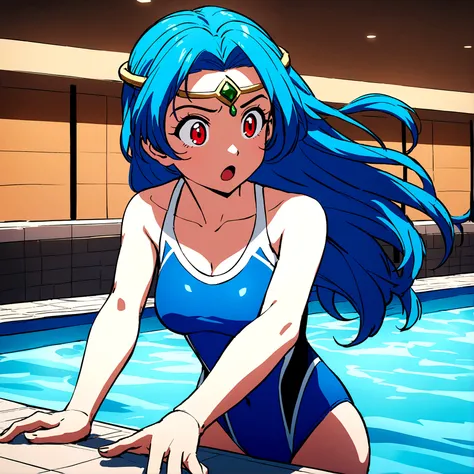 A cartoon of a woman in an indoor pool, a sage (dq3), with blue longhair, red eyes, a blue competitive swimsuit, and a circlet.
