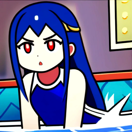 A cartoon of a woman in an indoor pool, a sage (dq3), with blue longhair, red eyes, a blue competitive swimsuit, and a circlet.
