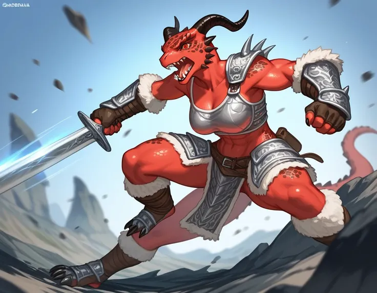 Solo, score_9,score_8_up,score_7_up, kemono style, Anthro Argonian female from skyrim, Anthro reptile girl, snout, red scaled skin, glowing red eyes, black lips, black horns, black ram horns, athletic body, and, wearing metal barbarians armor, barbarian bo...