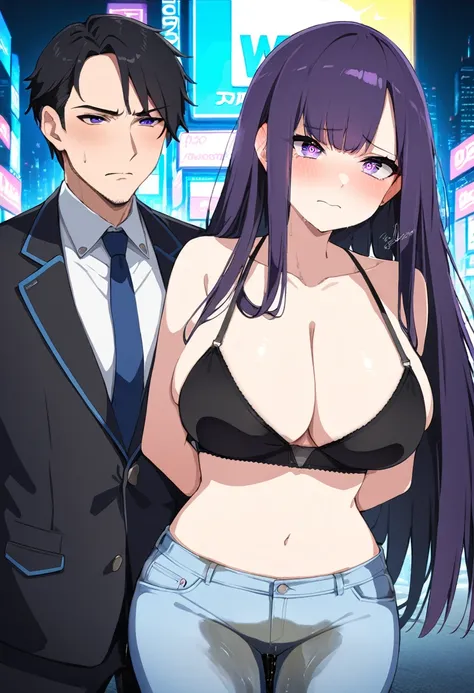 (masterpiece:1.37), best quality, (extremely detailed:1.37), woman, (mature:1.5), (adult:1.5), large breasts, very long hair, (straight hair:1.5), dark purple hair, purple eyes, (extremely detailed eyes:1.37), crop top, cleavage, navel, cleft of Venus, jea...