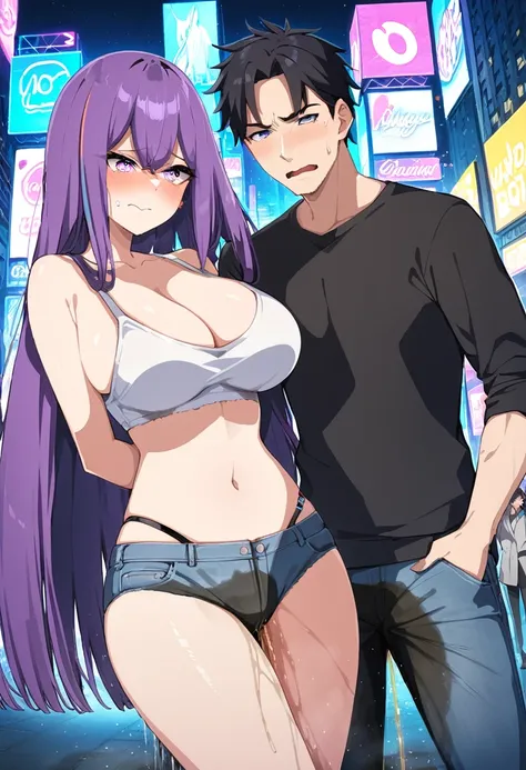 (masterpiece:1.37), best quality, (extremely detailed:1.37), woman, (mature:1.5), (adult:1.5), large breasts, very long hair, (straight hair:1.5), dark purple hair, purple eyes, (extremely detailed eyes:1.37), crop top, cleavage, navel, cleft of Venus, jea...