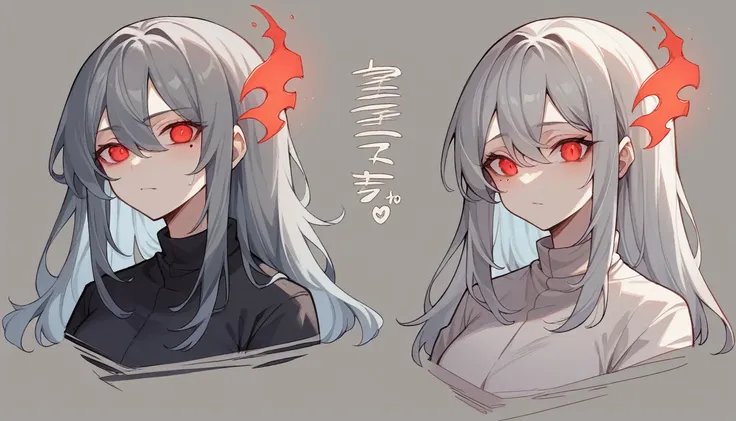 Teen Girl Characters。gray hair color、Glowing red eyes、Long Hair、There is a mole under the left eye。On a transparent background、Depict people only。