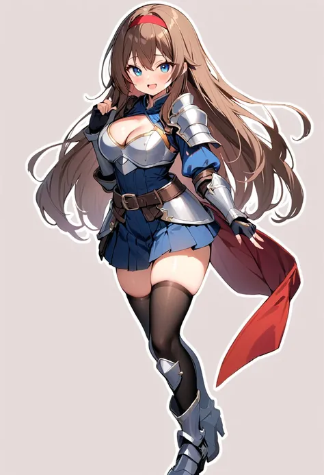 masterpiece, best quality, 1girl, solo, armor, thighhighs, skirt, brown-hair, blue-eyes, breasts, open-mouth, cleavage, smile, b...