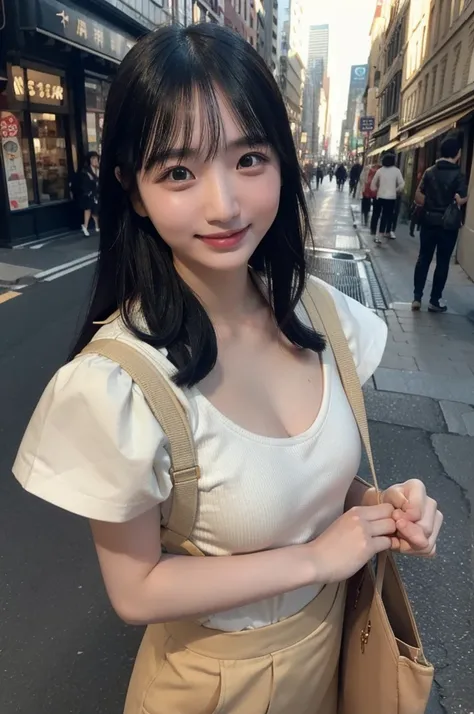 candid photo of yurayura_yuuura,  with captivating
eyes, smiling amidst a bustling city, upper body
framing, in a street photogr...