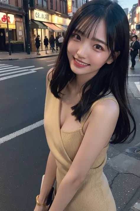 candid photo of yurayura_yuuura,  with captivating
eyes, smiling amidst a bustling city, upper body
framing, in a street photogr...