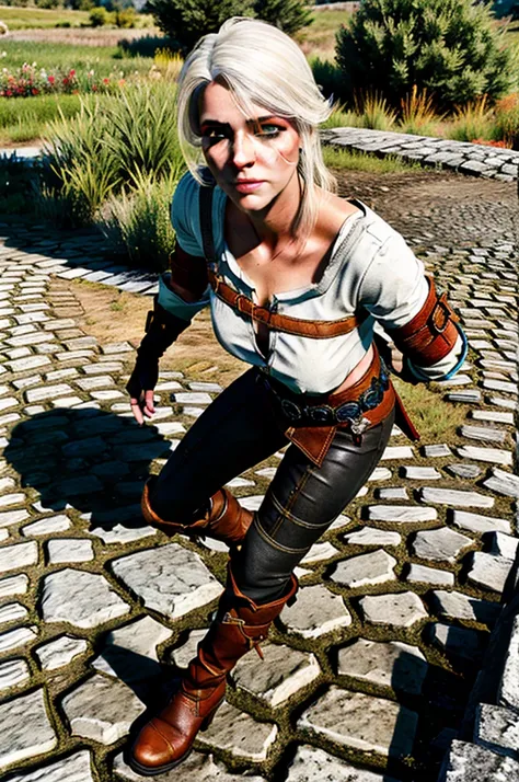 ciriw3_soul3142, 1girl, white hair, gloves, scar, green eyes, scar on face, armor, boots, sexy pose, beautiful pose