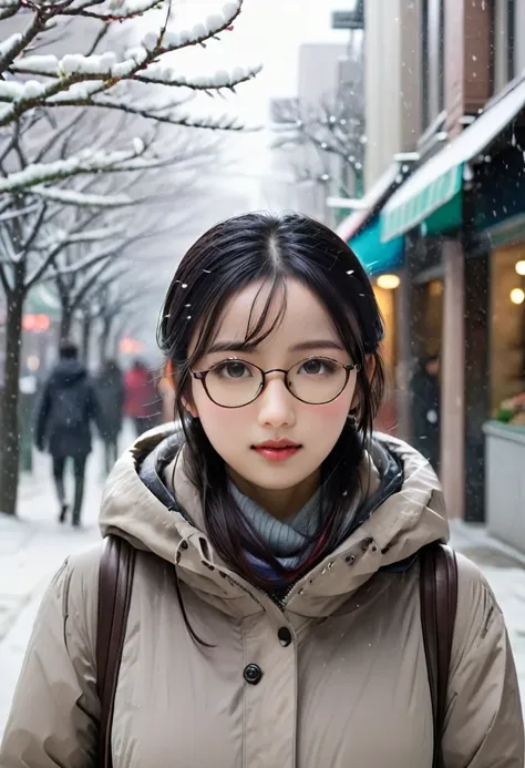 1girl, wearing glasses, long hair, black hair, beautiful, beautiful woman, sexy & plump body, perfect body, medium breast, perfect breasts, wearing a hijab, wearing a winter jacket, wearing a duffle coat, carrying a bag, wearing a watch, in public, creatur...