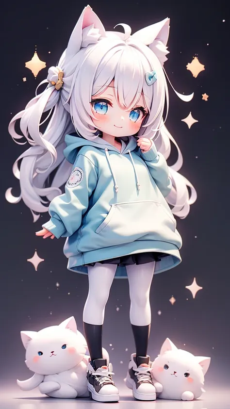 beautiful girl，cat ear，long white hair，light blue eyes，cute, young, black tights, wearing an oversized hoodie，sleeping，confused ...