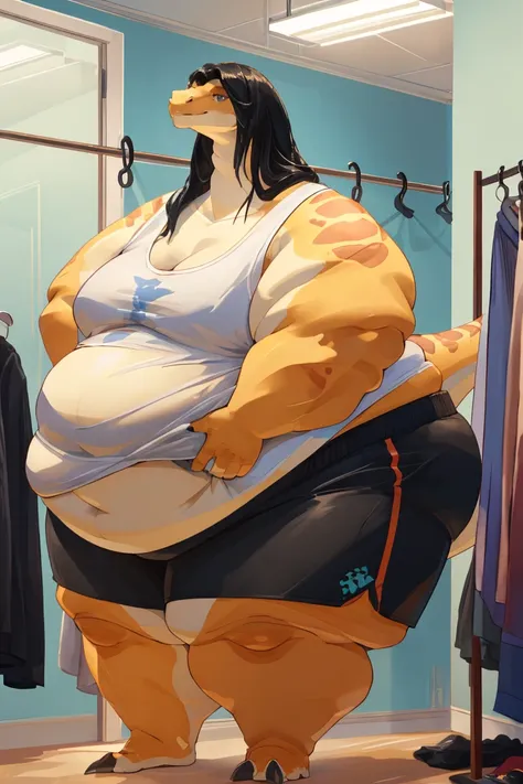 ((Dinosaur)), ((sauropod girl)), ((incredibly tall)), ((very long neck)), ((ssbbw)), ((anthro)), ((shorts)), ((black hair)), ((white tank top)), ((long black hair)), ((obese)), ((morbidly obese)), ((scalie)), ((dressing room))