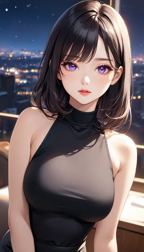 masterpiece, high resolution, beautiful woman, Korean Beauty, 30 years old, black sleeve less turtle neck, mini pencil skirt, beautiful woman, night hotel, looking at me, (high resolution face), (high resolution eyes), black hair, big tits, purple eyes